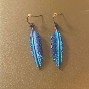 Light Blue/Green Feather Dangle Earrings, Hook Backing
